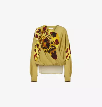 Рубашка из ткани с абстрактным принтом и драпировкой Dries Van Noten, цвет ocra