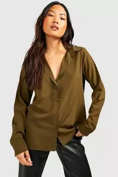 Рубашка из ткани с длинными рукавами petite Boohoo, хаки