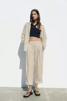 Рубашка из тканя рустик ZARA, песочный/черный