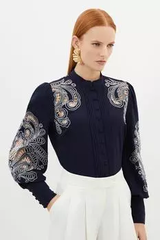 Рубашка из твила на пуговицах с вышивкой ришелье Karen Millen, темно-синий