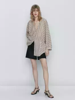 Рубашка из вафельного трикотажа в полоску Massimo Dutti, коричневый