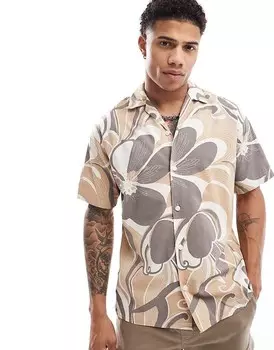 Рубашка Jack & Jones Premium – из хлопка с коричневым цветочным узором в стиле ретро и воротником с лацканами