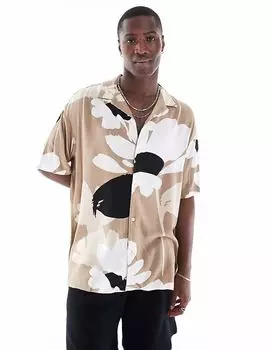 Рубашка Jack & Jones Revere с абстрактным цветочным принтом и воротником бежевого цвета
