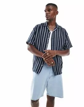 Рубашка Jack & Jones Revere с короткими рукавами и текстурированными полосками в темно-синем цвете