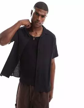 Рубашка Jack & Jones Revere с воротником-стойкой и мятой текстурой черного цвета