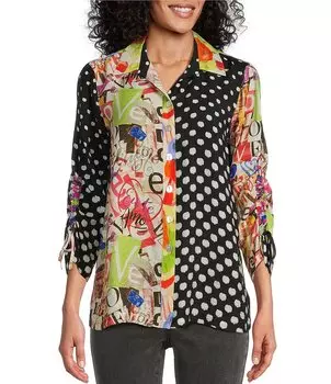 Рубашка John Mark Petite Size с тканым заостренным воротником, рукавами 3/4, завязкой на пуговицах и смешанным принтом, мультиколор