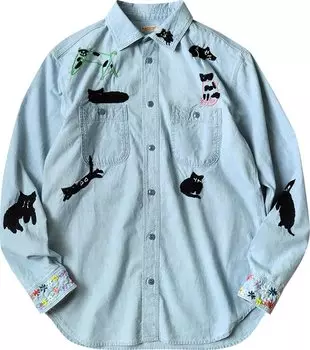 Рубашка Kapital Chambray Work Shirt (Black Cat Embroidery) 'Sax', синий