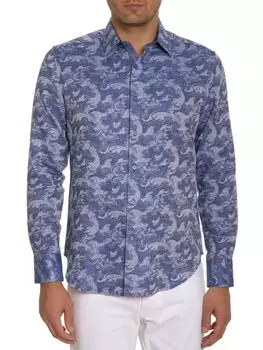 Рубашка классического кроя из льна и хлопка Wave You с жаккардовым принтом Robert Graham, синий