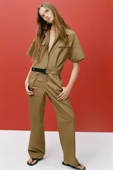 Рубашка комбинезон ZARA, оливково-зеленый