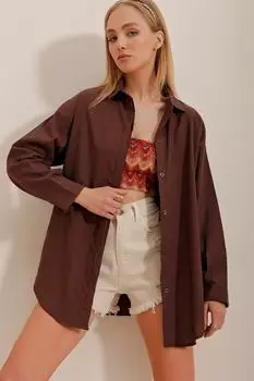 Рубашка – Коричневая – Свободного кроя Trend Alaat Stili, коричневый