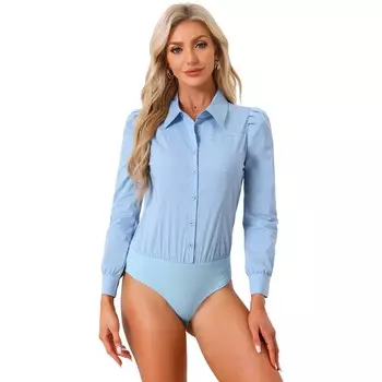 Рубашка-купальник для женщин, деловой повседневный боди на пуговицах с длинными рукавами и воротником ALLEGRA K, цвет Light Blue
