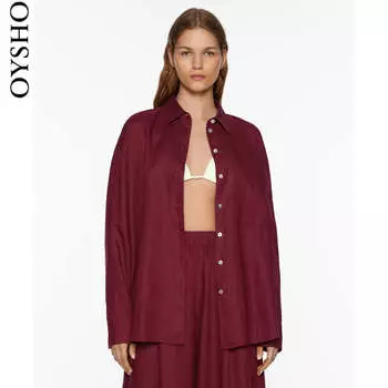 Рубашка льняная Oysho с длинными рукавами и лацканами, темно-бордовый