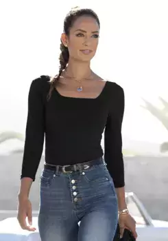 Рубашка LASCANA с длинными рукавами, модным квадратным вырезом, длинным рукавом из хлопка, базовая, черный