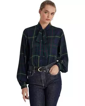 Рубашка LAUREN Ralph Lauren Plaid Tie Neck Georgette Shirt, нави