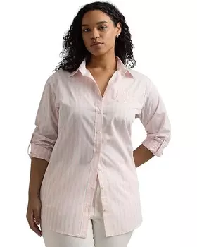 Рубашка LAUREN Ralph Lauren Plus-Size Oversize Striped Cotton Broadcloth, цвет Pink Opal/White