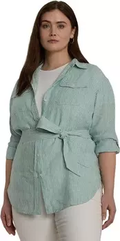 Рубашка LAUREN Ralph Lauren Plus-Size Relaxed Fit Striped Belted Linen Shirt, цвет Soft Laurel/White