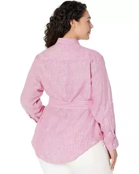 Рубашка LAUREN Ralph Lauren Plus Size Striped Logo Linen Shirt, цвет Noveau Bright Pink/White