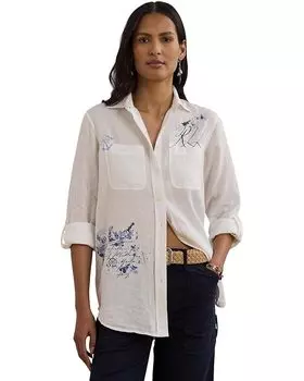 Рубашка Lauren Ralph Lauren Relaxed Fit Print Roll-Tab Sleeve Shirt, белый