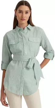 Рубашка LAUREN Ralph Lauren Relaxed Fit Striped Belted Linen Shirt, цвет Soft Laurel/White