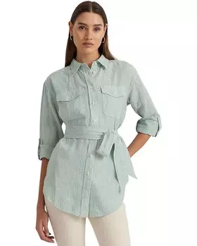 Рубашка LAUREN Ralph Lauren Relaxed Fit Striped Belted Linen, цвет Soft Laurel/White