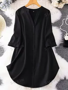 Рубашка LUNE Plus, рукава с пряжкой, изогнутый низ Shein, черный