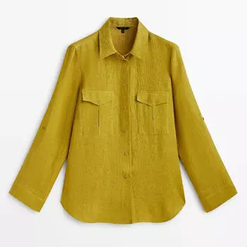Рубашка Massimo Dutti 100% Linen With Pockets, зеленовато-желтый