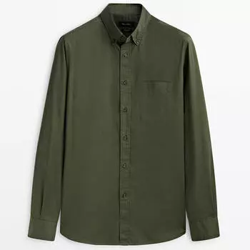 Рубашка Massimo Dutti Regular Fit Stretchy Cotton Blend With Pocket, темно-зеленый