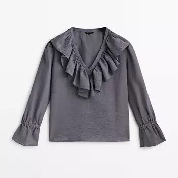 Рубашка Massimo Dutti Striped With Ruffled V-neck, темно-синий