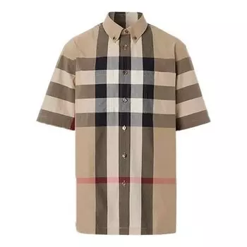 Рубашка men's plaid cotton short sleeve shirt beige Burberry, бежевый