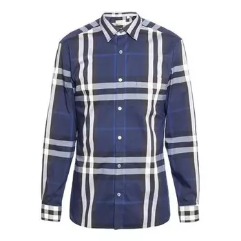 Рубашка men's ss21 classic plaid long sleeves shirt navy blue Burberry, синий