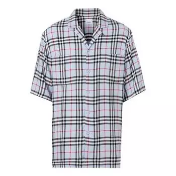 Рубашка men's vintage plaid short sleeve shirt light blue Burberry, голубой