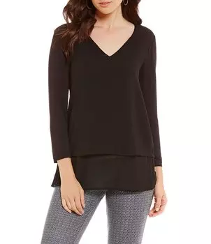 Рубашка MICHAEL Michael Kors из смешанной тканой вязки с v-образным вырезом и рукавами 3/4 и многослойным подолом, черный