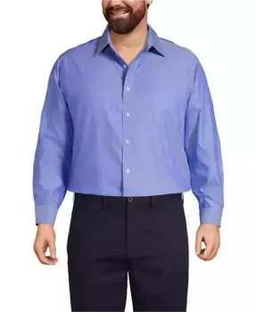 Рубашка мужская Big & Tall Traditional Fit, классический крой, однотонная, без глажки, из ткани Supima Pinpoint с прямым воротником Lands' End, синий