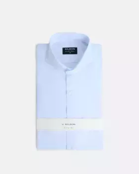 Рубашка мужская нарядная в мелкую клетку голубая Silbon, синий