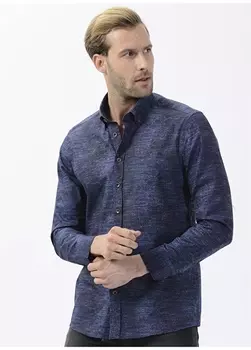 Рубашка мужская темно-синяя с воротником на пуговицах и принтом Pierre Cardin