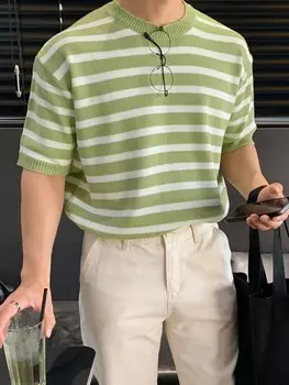 Рубашка мужская трикотажная, в полоску, заниженная линия плеча Dazy, зеленый