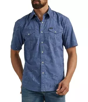 Рубашка на пуговицах из поплина с коротким рукавом Wrangler с винтажным принтом, синий