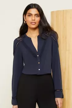 Рубашка на пуговицах из трикотажа с V-образным вырезом и кружевной отделкой Love & Roses, синий