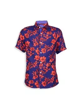 Рубашка на пуговицах с цветочным принтом для мальчика Elie Balleh, темно-синий