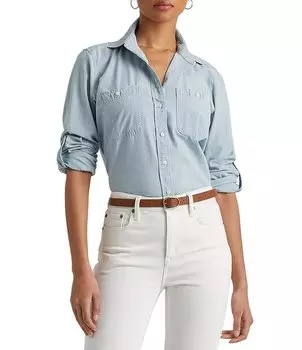 Рубашка на пуговицах с длинными рукавами и накладными карманами Lauren Ralph Lauren, хлопковая рубашка с острым воротником из шамбре, синий