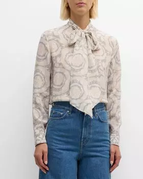 Рубашка на пуговицах с принтом в стиле барокко и завязывающимся воротником Versace, цвет Concrete Bone