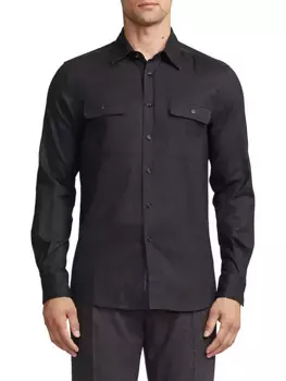 Рубашка на пуговицах спереди из смесового хлопка с узором «елочка» Ralph Lauren Purple Label, цвет charcoal heather