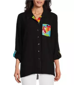 Рубашка на пуговицах спереди с карманом и пайетками с множественным жатым тканым воротником и заклепками на рукавах Multiples, черный