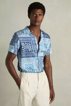 Рубашка Nico с атласным цветочным узором и кубинским воротником Reiss, синий