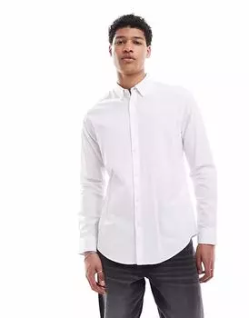 Рубашка облегающего кроя из хлопка Оксфорд с длинными рукавами белого цвета Threadbare