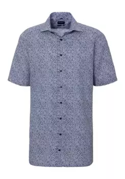 Рубашка OLYMP с короткими рукавами "Luxor Modern Fit", с принтом по всей поверхности, не гладкая, дышащая, синий
