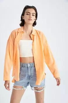 Рубашка оверсайз из 100% хлопка с длинными рукавами и вуалью DeFacto, оранжевый