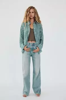 Рубашка оверсайз из хлопкового муслина ZARA, зеленый/белый