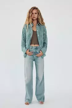Рубашка оверсайз из хлопкового муслина ZARA, зеленый/белый