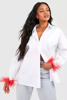 Рубашка оверсайз из хлопкового поплина с перьями на манжетах Boohoo, розовый